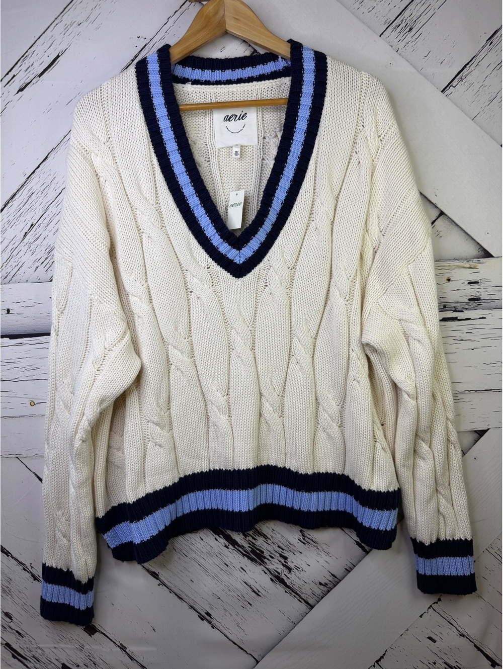 Aerie Cable-Knit Collegiate V Neck Sweater Varsity Striped Trim Women XL NWT
